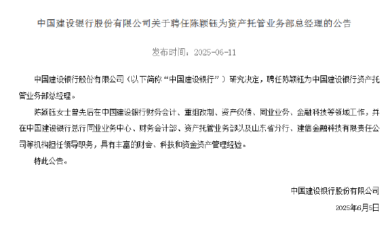 专业股票配资平台 陈颖钰出任中国建设银行资产托管业务部总经理